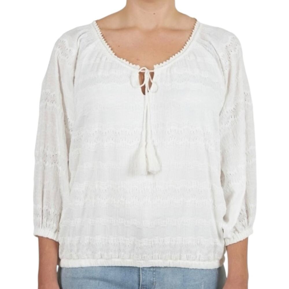 Skye's the Limit White Crinkled Stretch Lace Peasant Tassel Blouse Top Size 1X